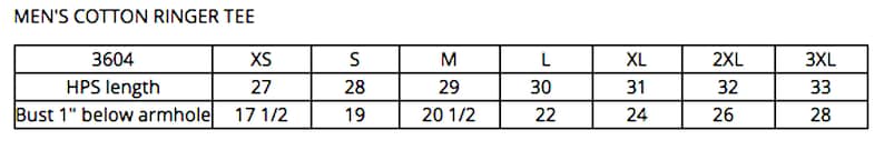 May include: Size chart for a cotton ringer tee, showing measurements in inches for bust and length, for sizes XS through 3XL.