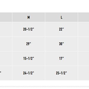 May include: Size chart for clothing with measurements in inches for body width, body length, chest seam width, and collar to bottom. Sizes include XS, S, M, L, XL, 2XL, and 3XL.