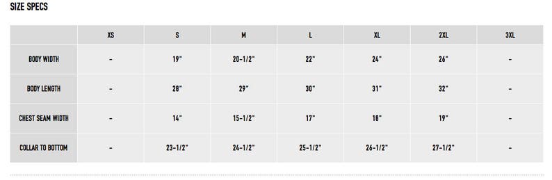 May include: Size chart for clothing with measurements in inches for body width, body length, chest seam width, and collar to bottom. Sizes include XS, S, M, L, XL, 2XL, and 3XL.