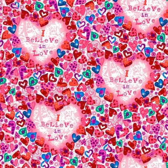 Valentines Fabric, Color My Valentine Fabric Tossed Hearts Fabric, I  Believe in Love by Studio E, 100% Cotton Quilting Fabric