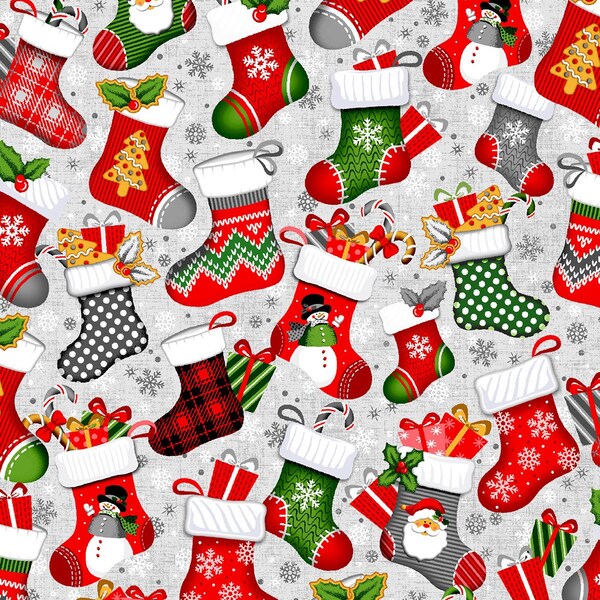 Christmas Fabric, Christmas Stockings Fabric, Christmas Presents Fabric on Gray by Oasis Fabrics, 100% Cotton Quilting Fabric