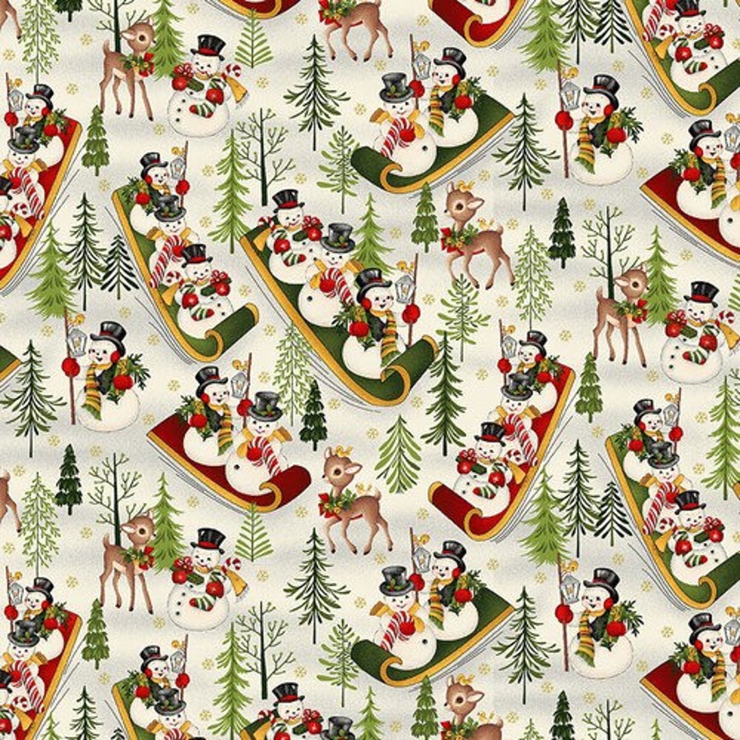 Christmas Fabric, Winter Joy Fabric, Snowmen Sledding Fabric, Reindeer Snowmen Fabric by Henry 