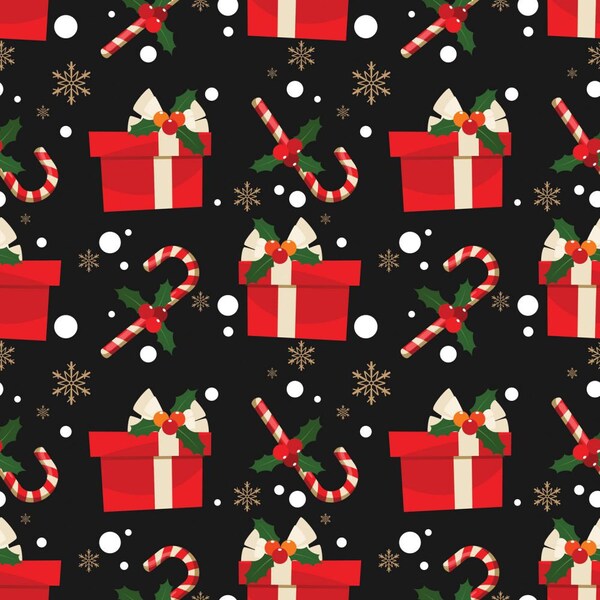 Christmas Fabric, Christmas Gifts and Candy Canes Fabric on Black Christmas Presents Fabric, Candy Canes Fabric, 100% Cotton by MDG fabrics