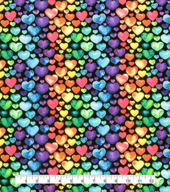 Valentines Fabric Rainbow Hearts Fabric on Black 100 Cotton Etsy