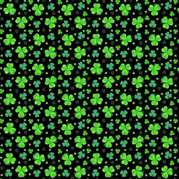 Pot of Gold Fabric, St. Patrick’s Day Fabric, Green Shamrocks Fabric on Black by Henry Glass, 100% Cotton Quilting Fabric