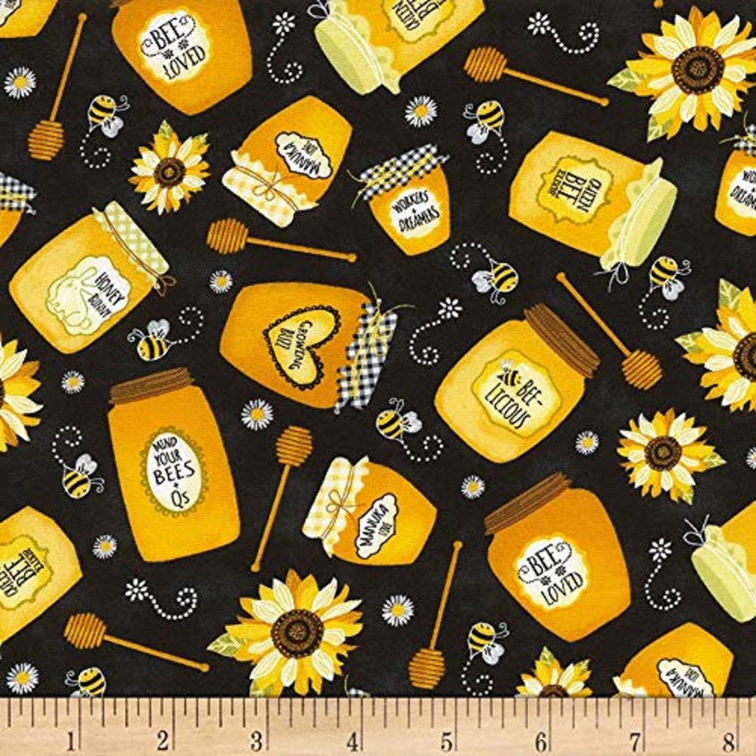 Timeless Treasures Beeloved Jars of Honey on Black Fabric, 100 Cotton
