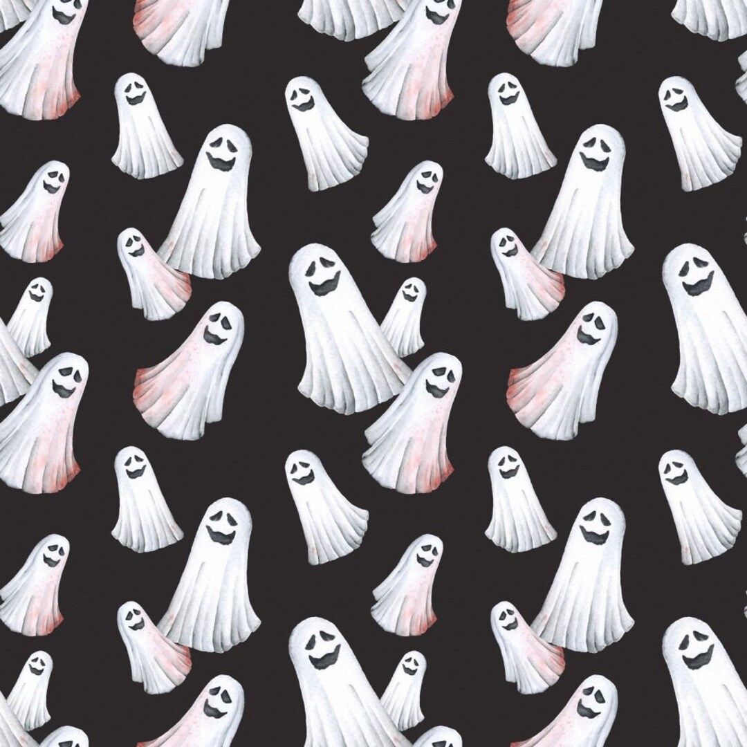 Halloween Fabric, Tossed Ghosts Fabric, Spooky Ghosts Fabric on Black