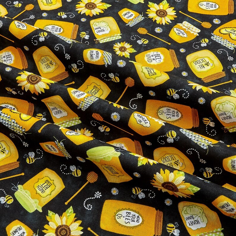 Timeless Treasures Beeloved Jars of Honey on Black Fabric Etsy