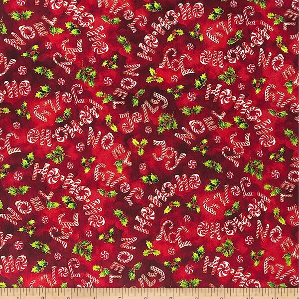 Christmas Fabric, Candy Canes Words Fabric, 100% Cotton Quilting Fabric