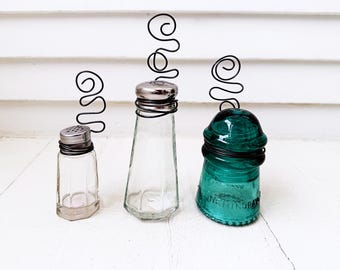 Photo holder from repurposed salt shaker / Small photo stand / Upcycled / Recipe card holder