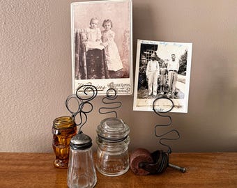 Upcycled vintage glass insulator picture stand / Wire photo stand / Picture stand / Farmhouse decor