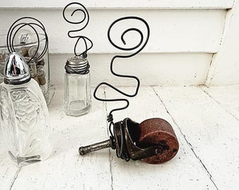 Wire Photo Stand: Upcycled Antique chair caster picture or card holder