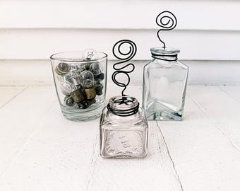 Wire photo stand from glass ink bottle / Photo holder from vintage glass bottle / Upcycled vintage glass