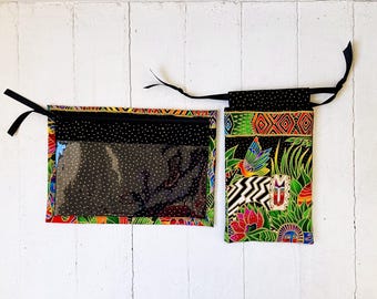 Laurel Burch Travel Bag Set, Vinyl Zipper Pouch & Drawstring Bag