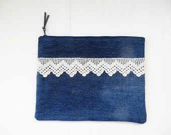 Denim clutch / Bridesmaid gift / Denim toiletry bag / Recycled denim bag