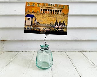 Wire photo stand from glass bottle / Photo holder  / Upcycled glass card holder
