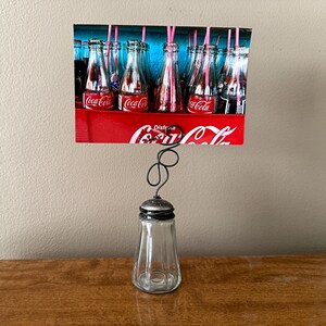Photo stand from vintage repurposed salt shaker / Farmhouse decor / Wire photo holder