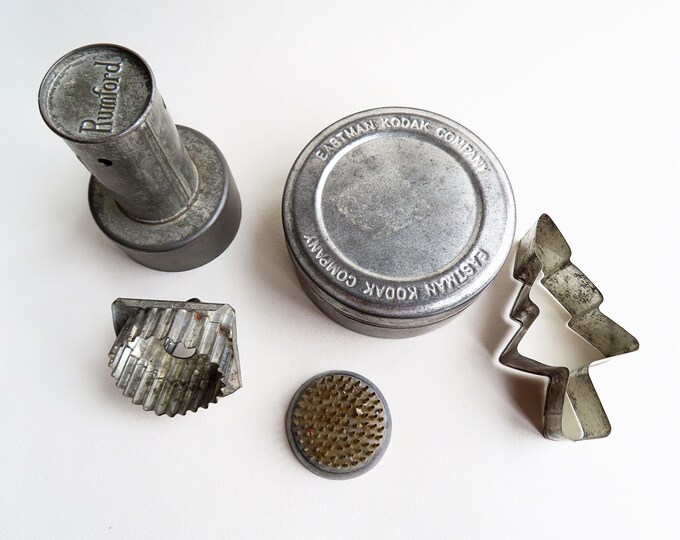 Vintage Flower Frog / Kodak Film Tin / Rumford Biscuit Cutter / Vintage