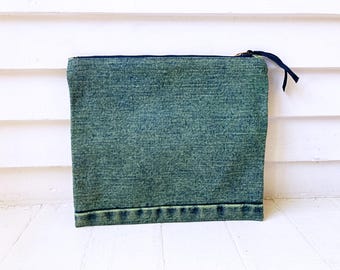 Recycled Denim Zipper Pouch: Over-Dyed Green, Batik Lined