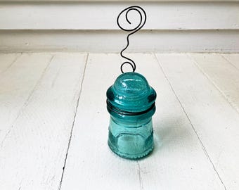 Upcycled glass insulator photo stand, Vintage Blue Hemingray Insulator Photo Stand