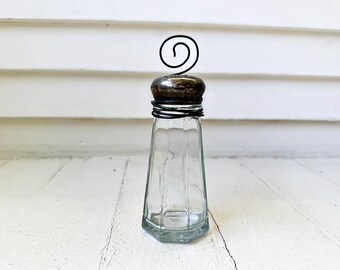 Wire photo stand from antique glass salt shaker / Upcycled vintage glass