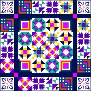 May include: A colorful quilt pattern with a variety of geometric shapes, including squares, triangles, and stars. The quilt is made up of different colors, including purple, pink, yellow, blue, and white.