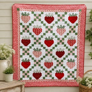 Strawberry Fields PDF Download Quilt Pattern | Confident Beginner | Strawberry & Irish Chain | Baby, Lap, Throw, Full/Queen Bed, King sizes