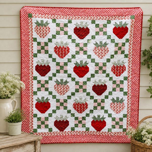 Strawberry Fields PDF Download Quilt Pattern | Confident Beginner | Strawberry & Irish Chain | Baby, Lap, Throw, Full/Queen Bed, King sizes