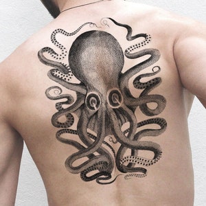 Vintage Octopus Large Temporary Tattoo Temp Tat Illustration Marine Ocean Sea Animal Dark Pirate Sailor Statement Old School Linework Big