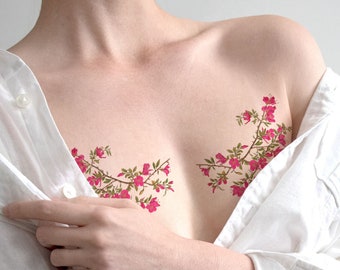 Mastectomy Cover Temporary Tattoo | Hot Pink Vintage Botanical Floral Illustration Semi Circle | for Chest Scar Cover, Breast Cancer Gifts