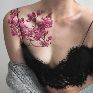 Floral Redbud Botanical Temporary Tattoo Large Pink Blossoms Bouquet Bough Branch Flowers DIY