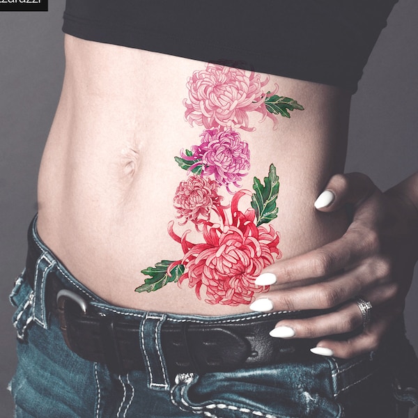 Pink Red Chrysanthemum Kiku Floral Flowers Leaves Large Realistic Temporary Tattoo Beautiful Botanical Nature Art Pretty Coachella Fashion