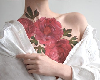 Peonies Large Temporary Tattoo Temp Tat Pink Peony Rose Floral Flowers Giant Chest Cover Scar Beautiful Statement Music Festival Outfit