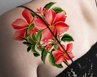 Plumeria Temporary Tattoo | Hawaiian Exotic Paradise Beautiful Orange Red Floral Vintage Botanical Illustration Blossoms Flowers