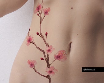 Cherry Blossom Large Temporary Flower Tattoo Floral Flowers Botanical Sakura Japanese Beautiful Thigh Back Pink Spring Feminine Temp Tat