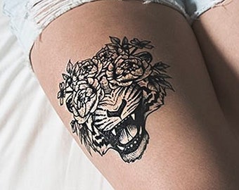 Tiger Floral Eyes Temporary Tattoos Temp black simple animal lion nature flowers peony roses trendy fierce roaring face plants accessory