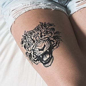 Tiger Floral Eyes Temporary Tattoos Temp black simple animal lion nature flowers peony roses trendy fierce roaring face plants accessory
