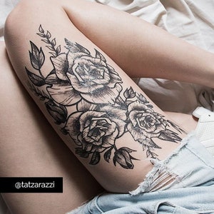 Roses Floral Huge Temporary Tattoo Flowers Bouquet Black and White Illustration Linework Drawing Temp Tat Large Beach Accessory Coachella image 1