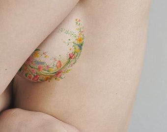 Mastectomy Cover Temporary Tattoo | Spring Semi Circle Curve Arc Garland Floral Flowers Tattoo | for Underboob or Scar Cover