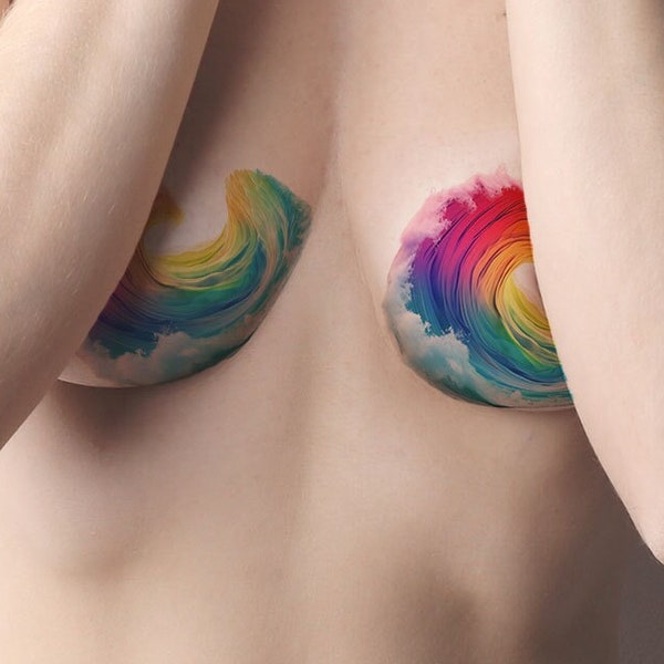 Mastectomy Rainbow Wave Temporary Tattoo | Rainbow Ocean Sea Semi Circle Rave Party Festival Mermaidcore Scar Cover Embellishment Pasties