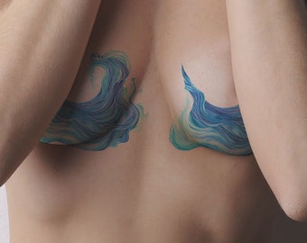 Mastectomy Cover Temporary Tattoo | Blue Sea Arc Semi Circle Curve Beautiful Wave Ocean Tattoo | for Underboob or Scar Cover