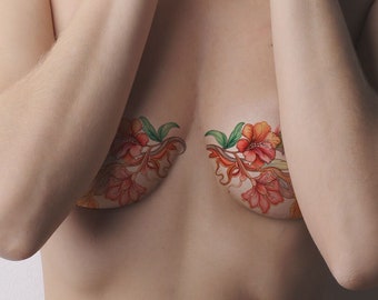 Tatouage temporaire couverture de mastectomie | Guirlande de fleurs en arc de cercle courbe en demi-cercle de fleurs orange tropicales | pour Underboob ou Scar Cover