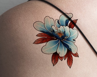 Blue Peony Flower Temporary Tattoo Original Japanese Asian Floral Blossom Lotus Watercolor Nature Medium Chinese Botanical Dainty Delicate