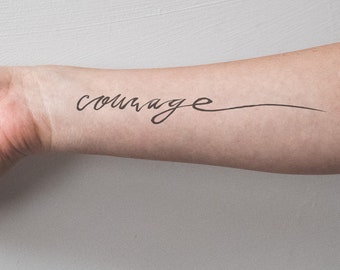 Courage Large Temporary Tattoo Script Calligraphy Cursive Flowing Text Black Simple Minimal Hipster Original Brave Fighter Strong