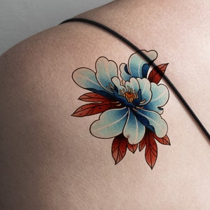 Blue Peony Flower Temporary Tattoo Original Japanese Asian Floral Blossom Lotus Watercolor Nature Medium Chinese Botanical Dainty Delicate