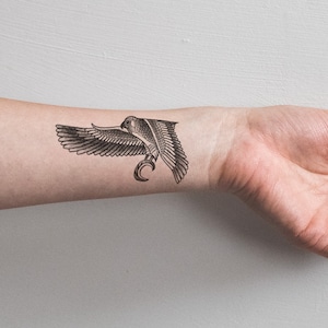 Egyptian Falcon Temporary Tattoo Bird Eagle Hawk Wings Faience Feather Nature Fierce Woman Badass Black White Minimal Wrist Waterproof