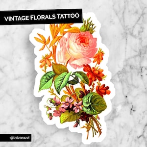 Vintage Floral Large Temporary Tattoo Temp Tat Illustration Bouquet Flowers Botanical Rainbow Vivid Bright Beautiful Feminine Woman