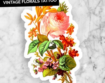 Vintage Floral Large Temporary Tattoo Temp Tat Illustration Bouquet Flowers Botanical Rainbow Vivid Bright Beautiful Feminine Woman