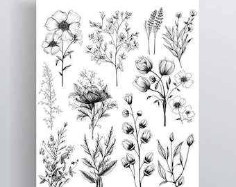 Botanical dainty wildflowers temporary tattoos | fineline botanical illustration floral tattoo sheet set grandma's garden