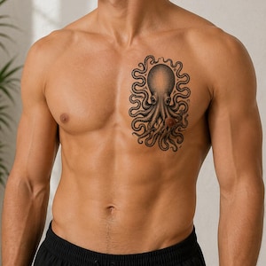 May include: A large temporary tattoo of an octopus, measuring 5 x 7.5 inches, is displayed on a person's chest. The octopus is detailed with a dot pattern, featuring a central head and curling tentacles. The text "LARGE - 5 x 7.5 in" is at the bottom.
